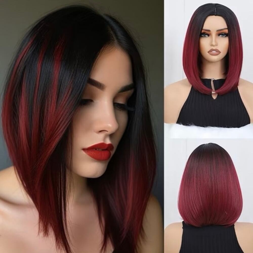 12 Inch Ombre Red Short Bob Wig with Straight center Part & Bangs